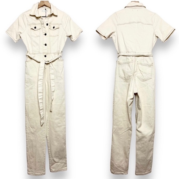 AVEC LES FILLES Tie-Waist Stretch Denim short sleeve Jumpsuit Anthropologie  🔥 - Picture 2 of 7